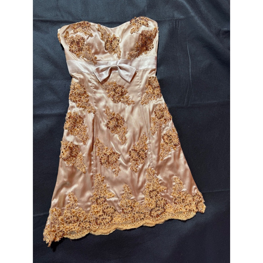 Scala Champagne Gold Sequin Lace Strapless Cocktail Dress Bow Formal Prom Size 8